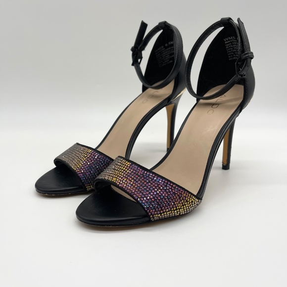 Aldo Women’s Black Ankle Strap Heels Size 6.5M Rhinestone Open Toe Stiletto Sa - Picture 9 of 13